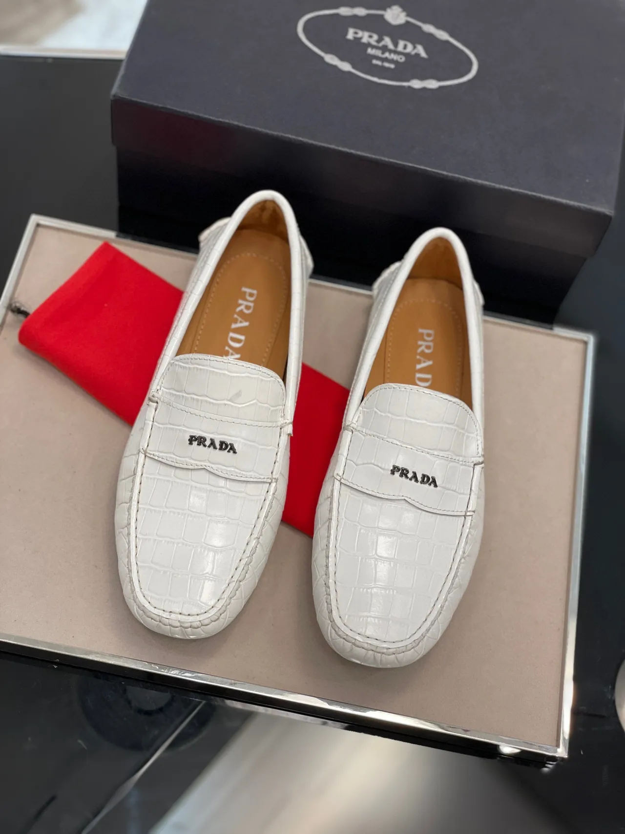 Prada Croc-Embossed White Penny Loafers 7