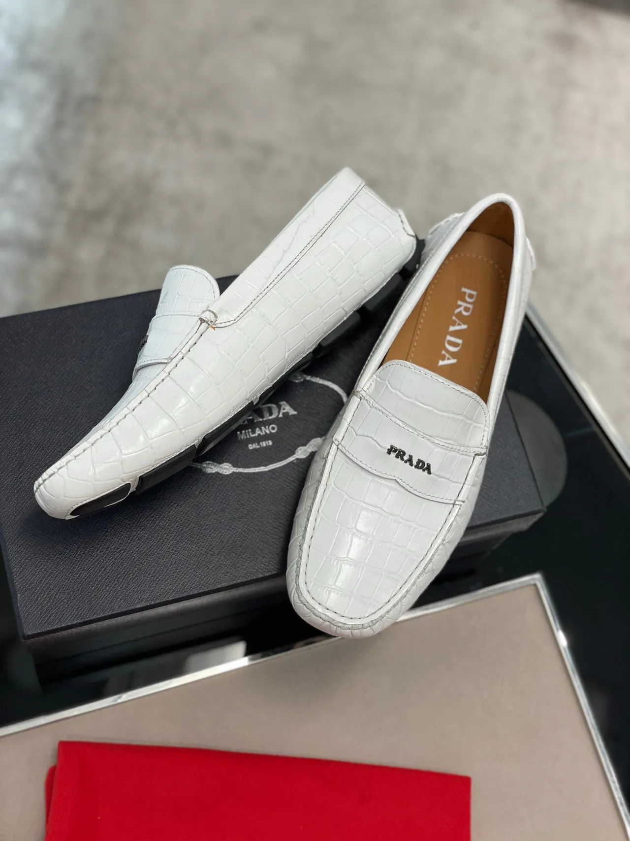 Prada Croc-Embossed White Penny Loafers 8