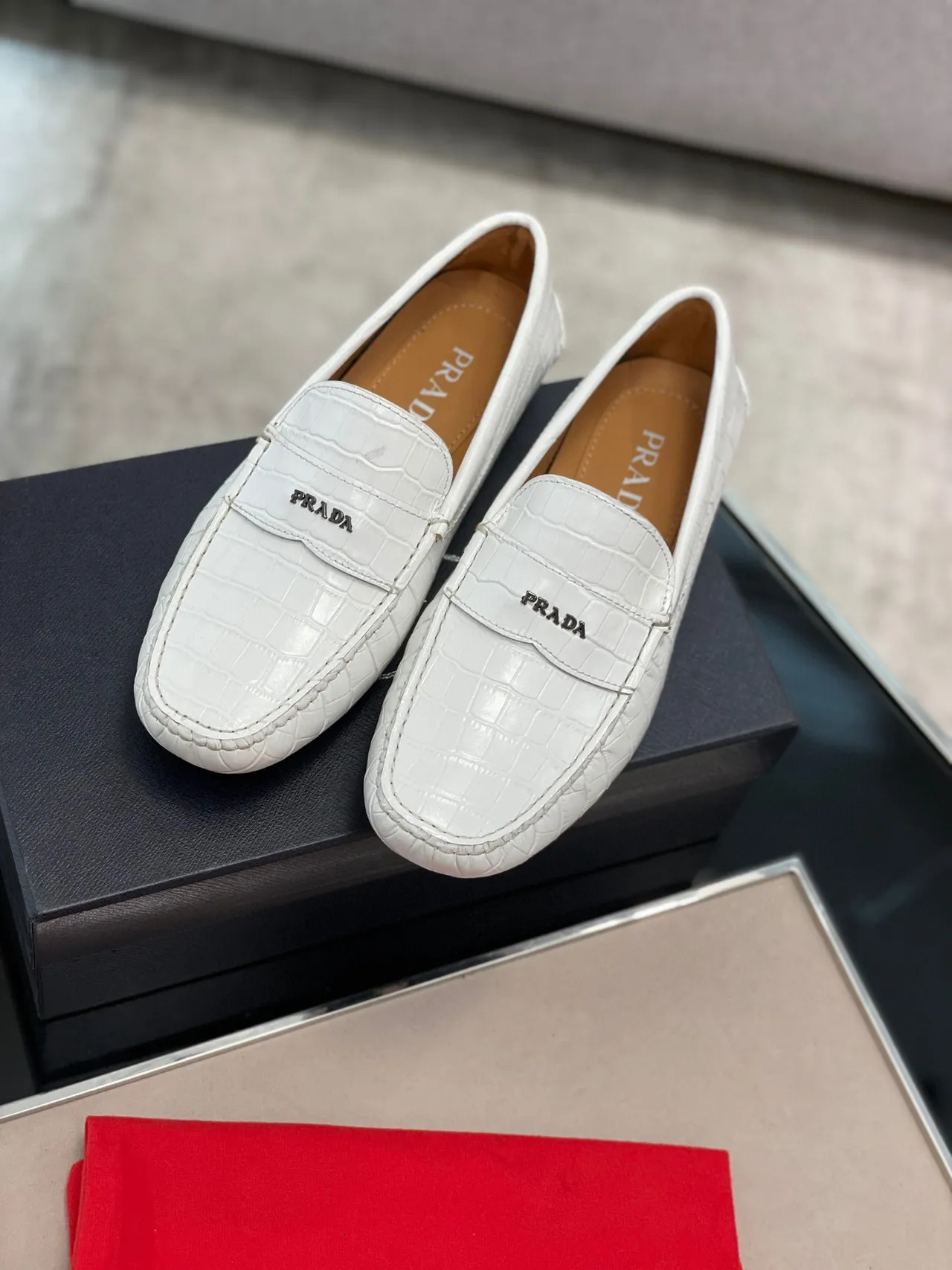 Prada Croc-Embossed White Penny Loafers 9