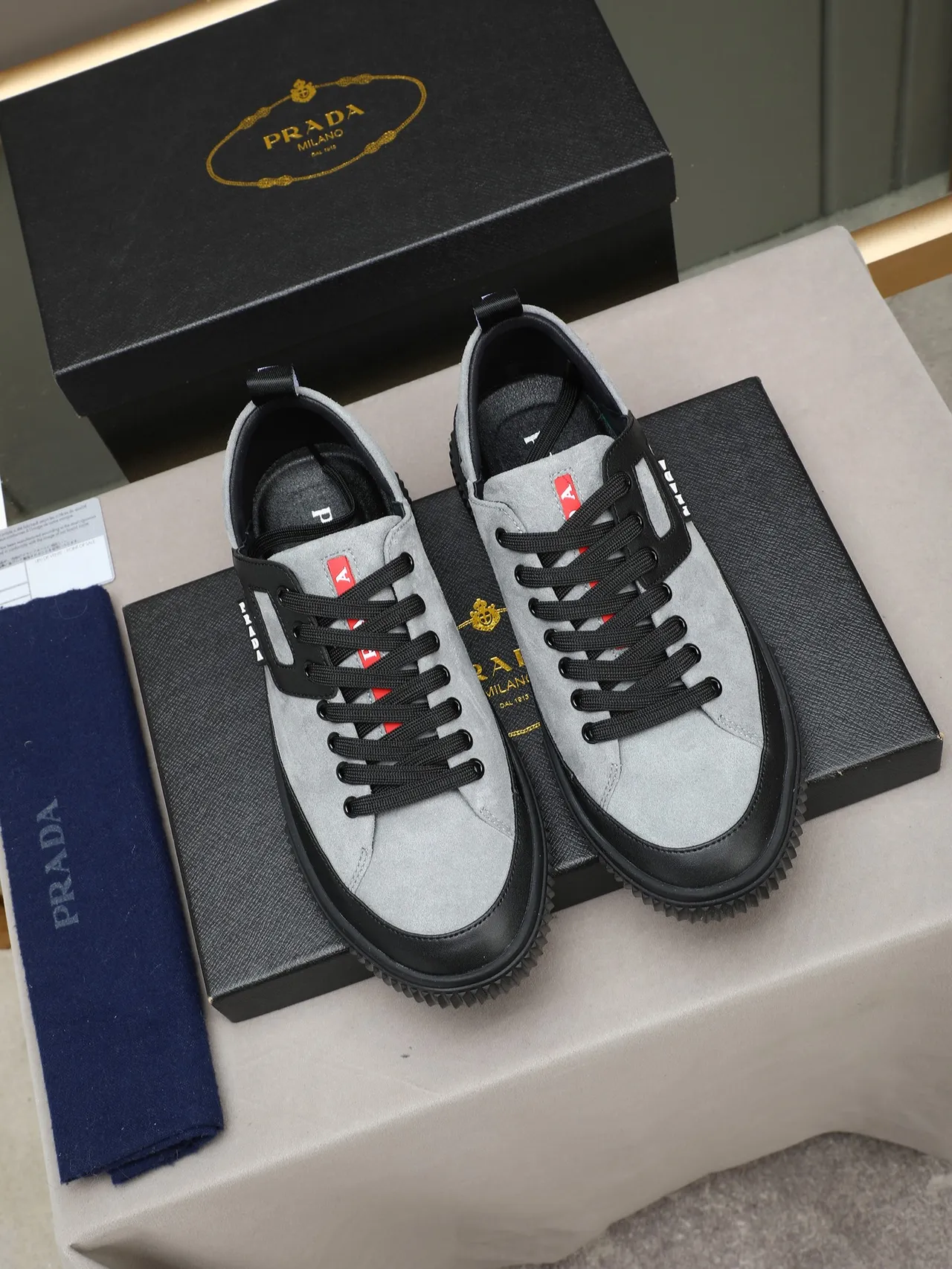 Prada Gray Black Low-Top Suede And Leather Panelled Lifestyle Sneakers 2