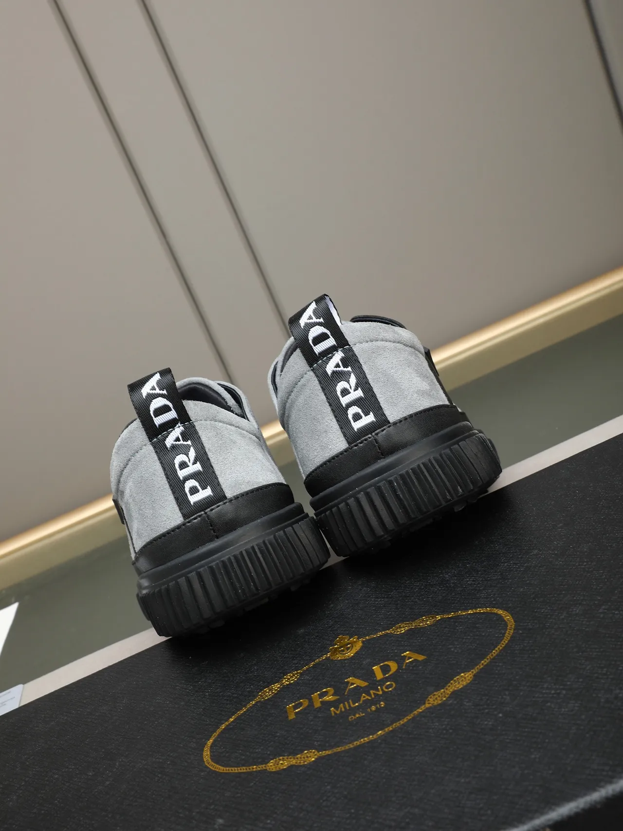 Prada Gray Black Low-Top Suede And Leather Panelled Lifestyle Sneakers 3
