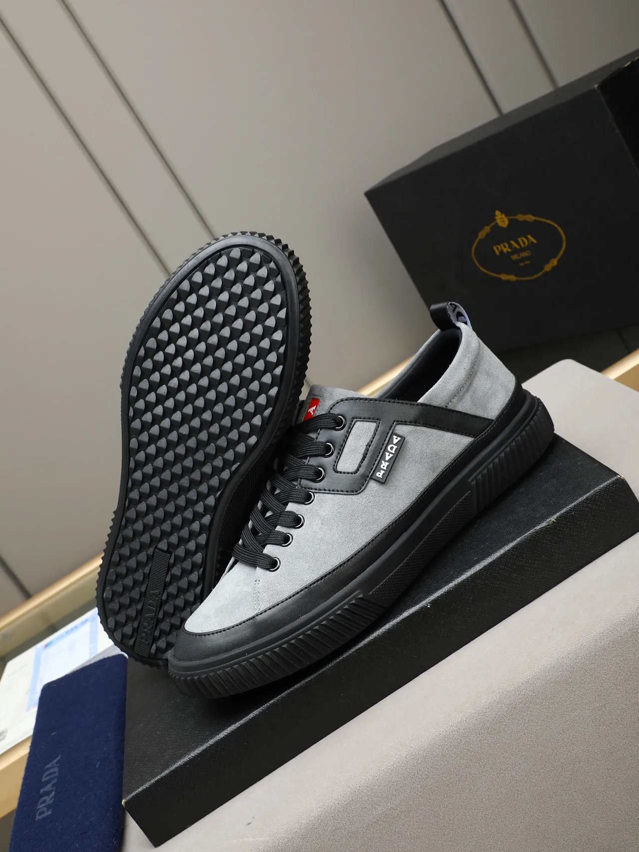 Prada Gray Black Low-Top Suede And Leather Panelled Lifestyle Sneakers 4