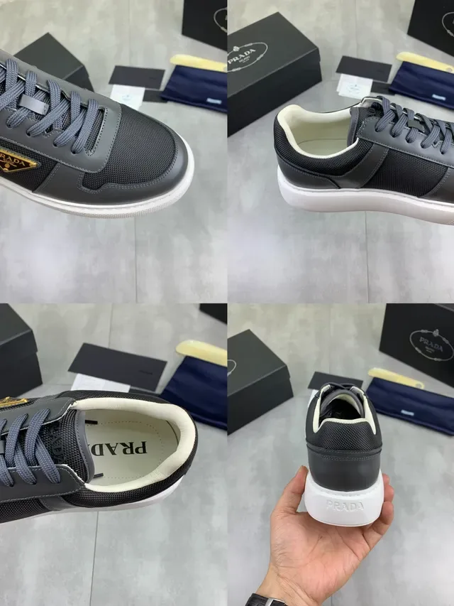 Prada Gray White Low-Top Leather-Mesh Hybrid Upper Lifestyle Sneakers 2