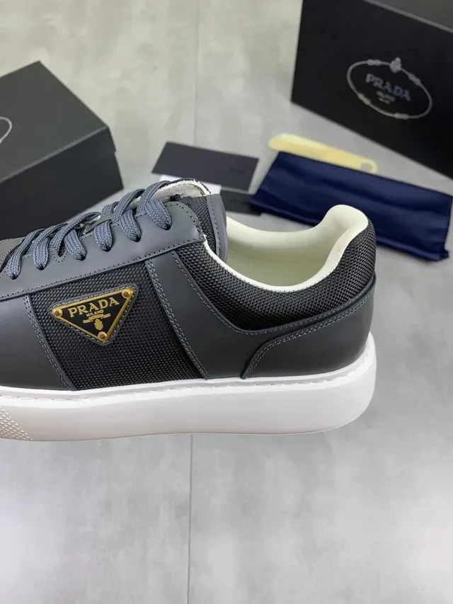 Prada Gray White Low-Top Leather-Mesh Hybrid Upper Lifestyle Sneakers 4