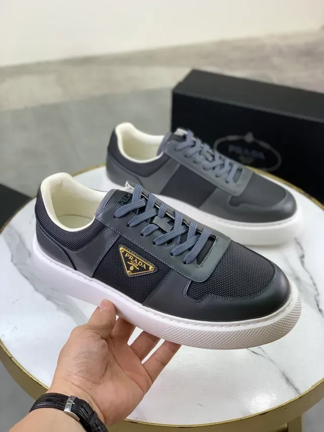 Prada Gray White Low-Top Leather-Mesh Hybrid Upper Lifestyle Sneakers 5