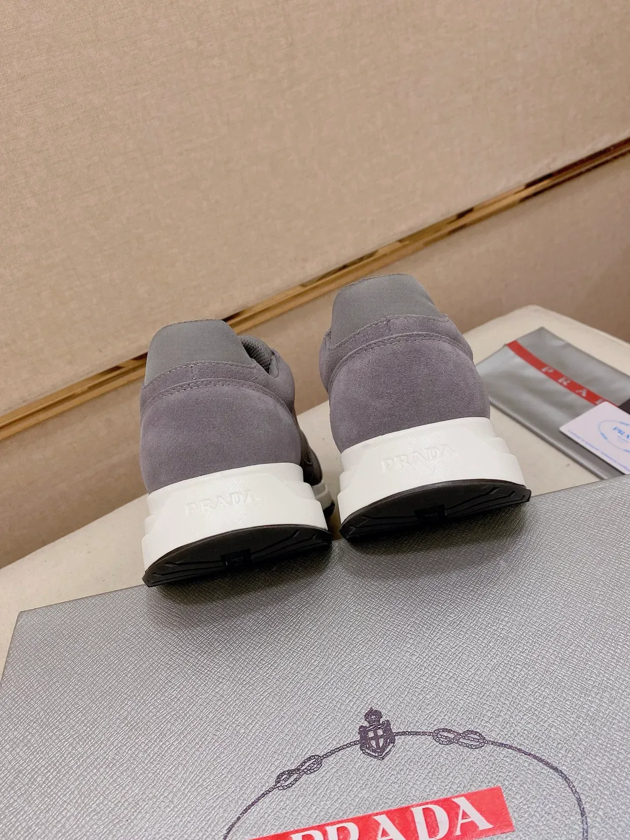 Prada Gray White Low-Top Mixed-Material Upper Chunky Sneakers 3