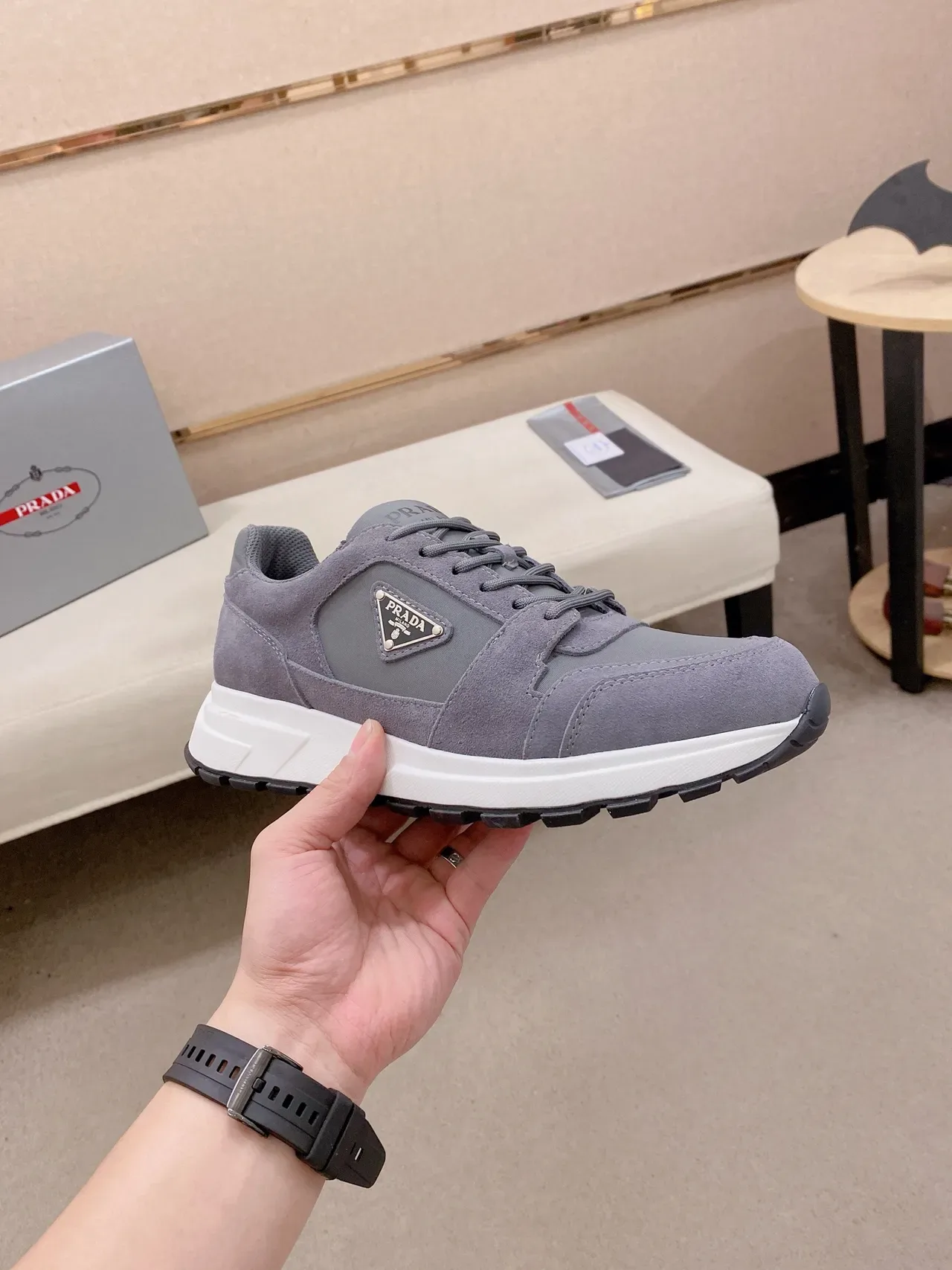 Prada Gray White Low-Top Mixed-Material Upper Chunky Sneakers 5