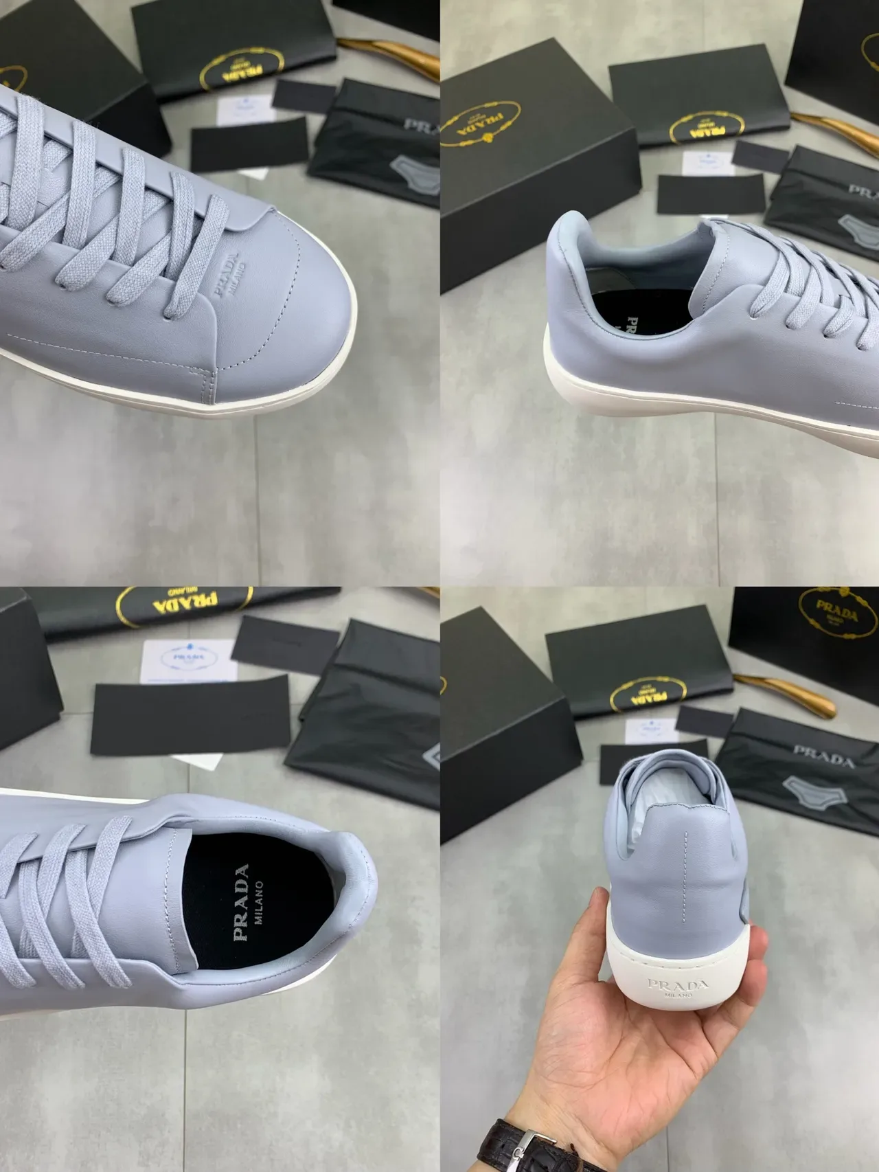 Prada Gray White Minimalist Smooth Leather Upper Lifestyle Sneakers 2