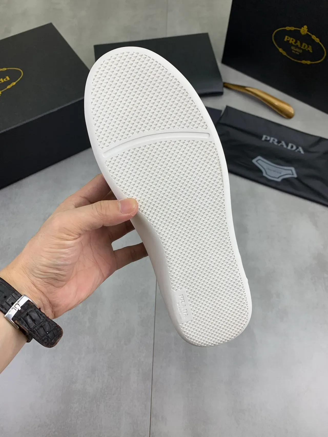 Prada Gray White Minimalist Smooth Leather Upper Lifestyle Sneakers 3