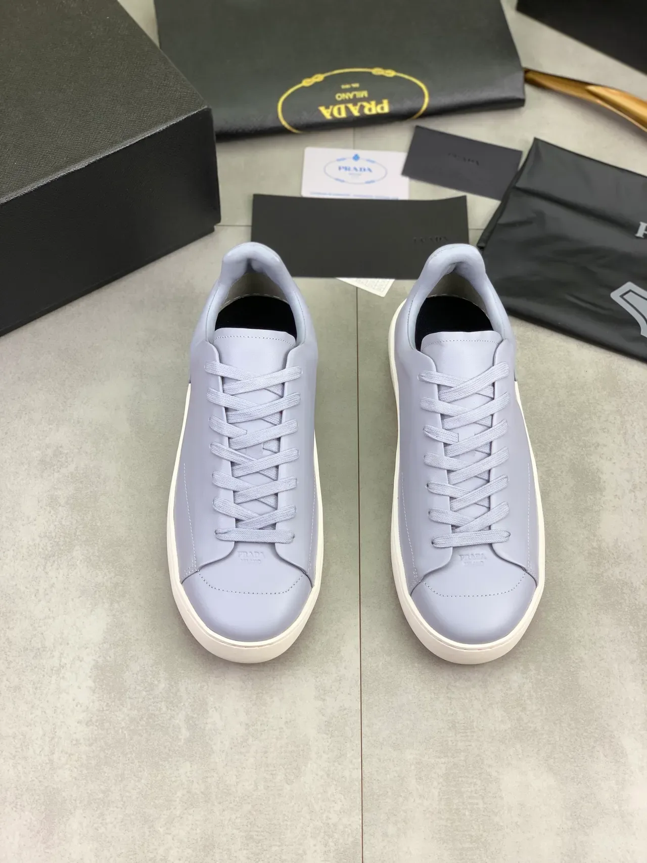 Prada Gray White Minimalist Smooth Leather Upper Lifestyle Sneakers 4