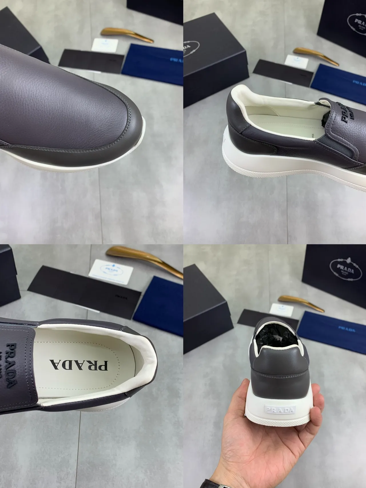 Prada Gray White Slip-On Leather Upper Loafer 2