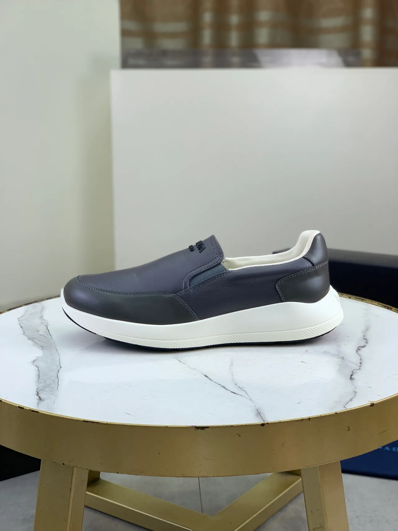 Prada Gray White Slip-On Leather Upper Loafer 5