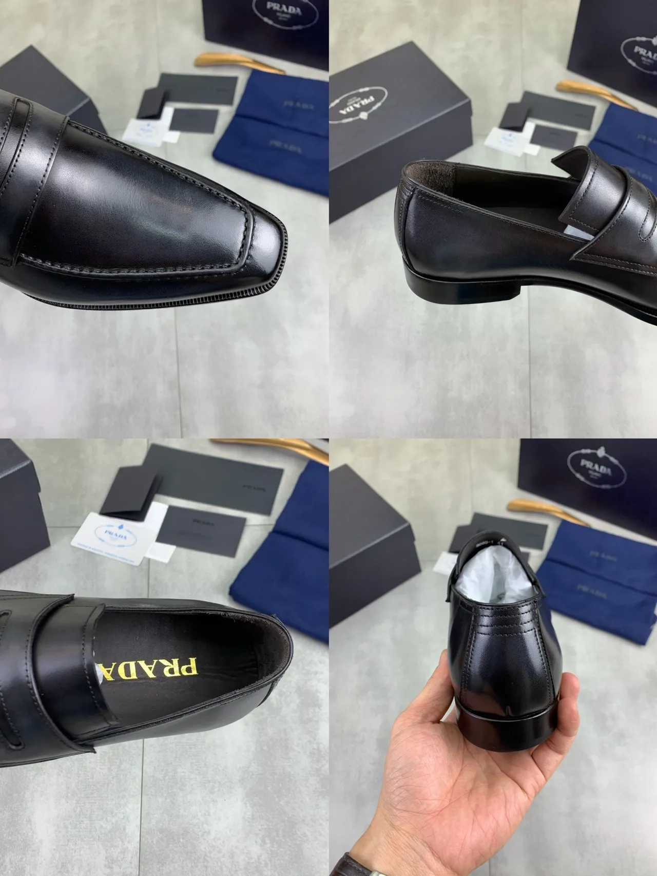 Prada mocassins pretos de couro polido com bico quadrado slip-on 3