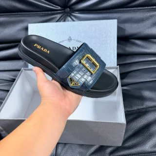 Prada Navy Gold Buckle-Accented Croc-Embossed Leather Slippers