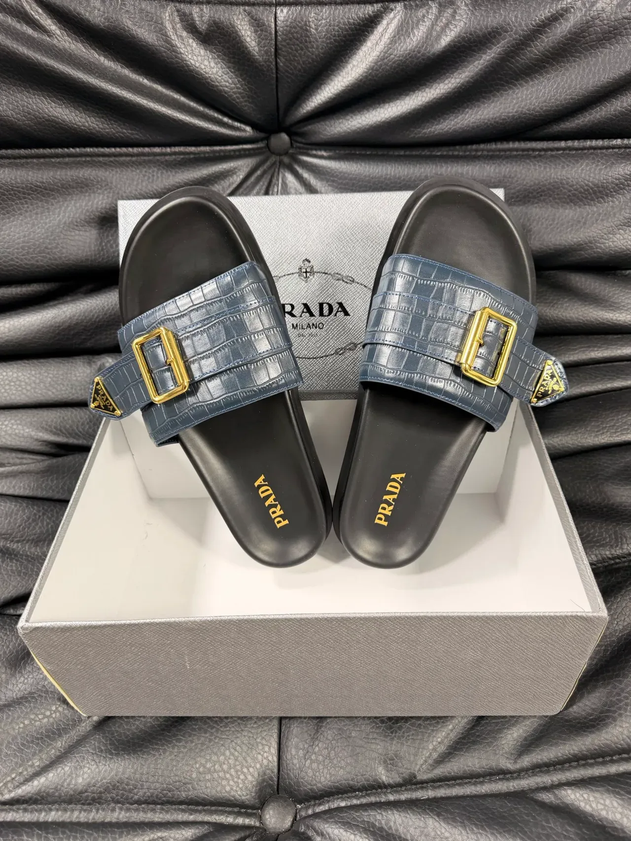 Prada Navy Gold Buckle-Accented Croc-Embossed Leather Slippers 3