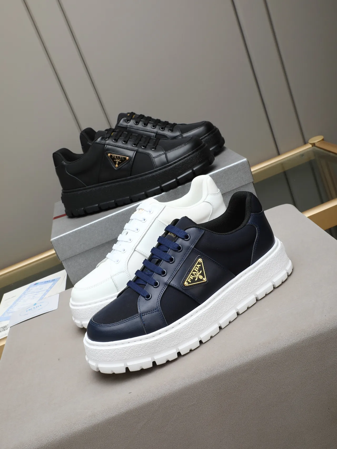 Prada Navy White Blue Hybrid Upper Platform Sole Chunky Sneakers 2
