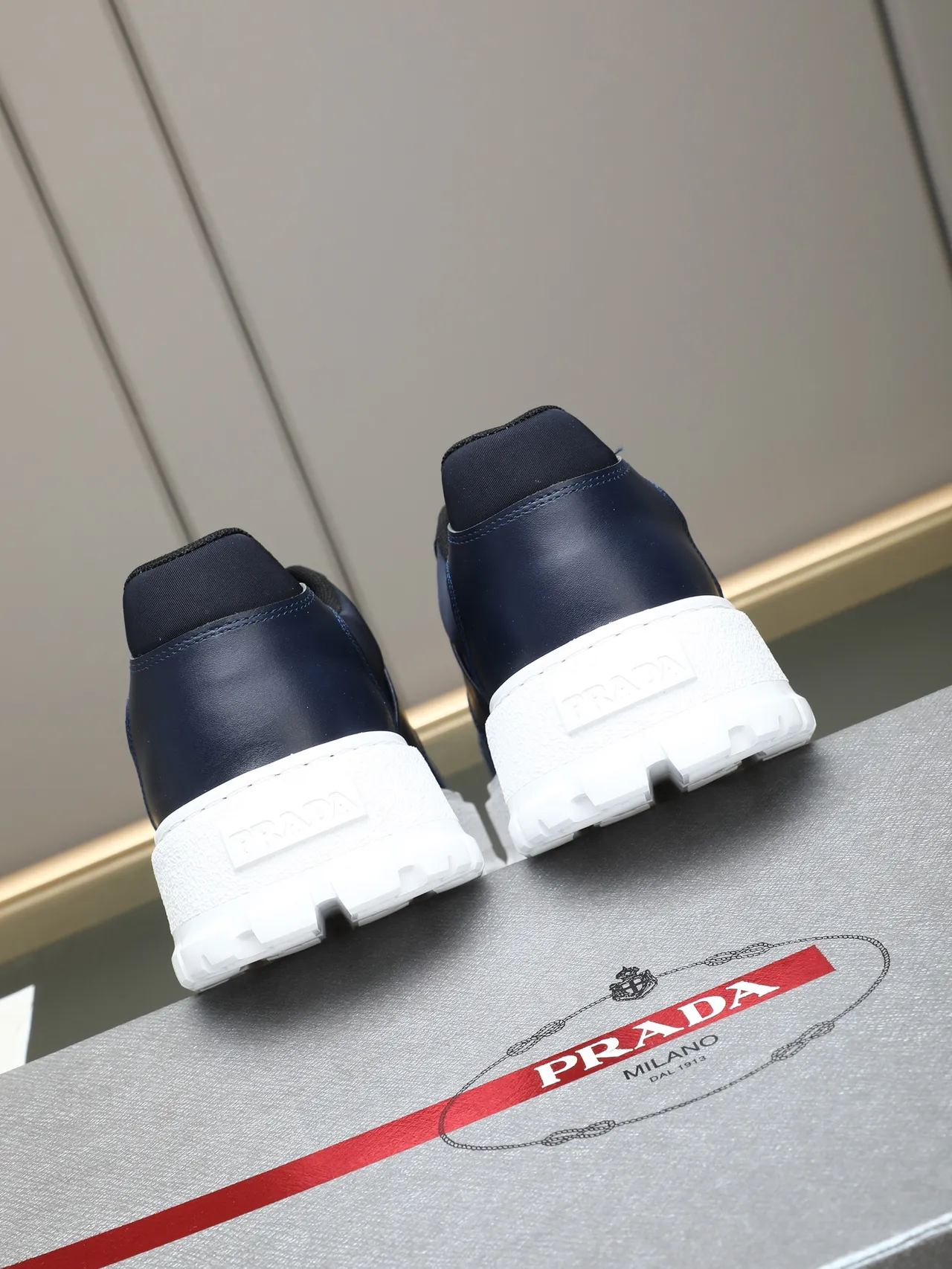 Prada Navy White Blue Hybrid Upper Platform Sole Chunky Sneakers 4