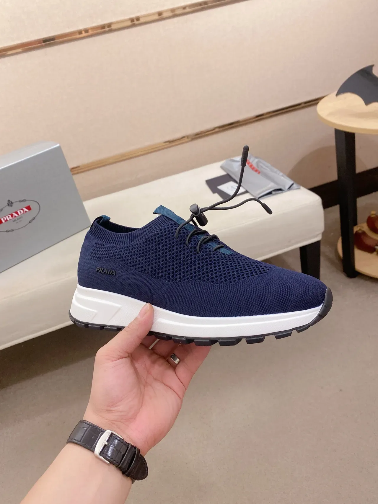 Prada Navy White Knit Upper Integrated Drawstring Lacing Lifestyle Sneakers 4