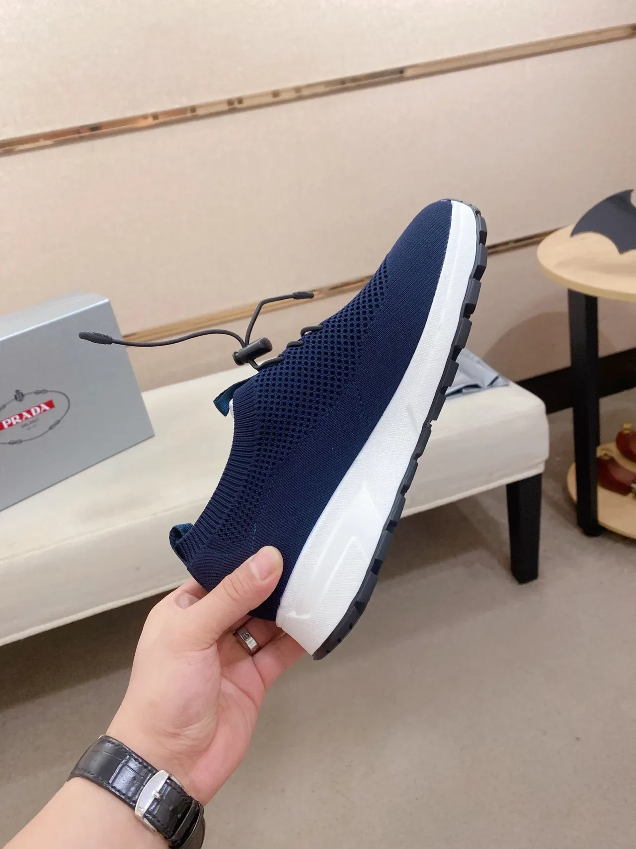 Prada Navy White Knit Upper Integrated Drawstring Lacing Lifestyle Sneakers 5