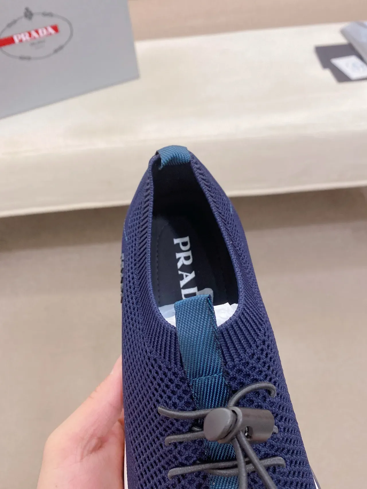 Prada Navy White Knit Upper Integrated Drawstring Lacing Lifestyle Sneakers 6