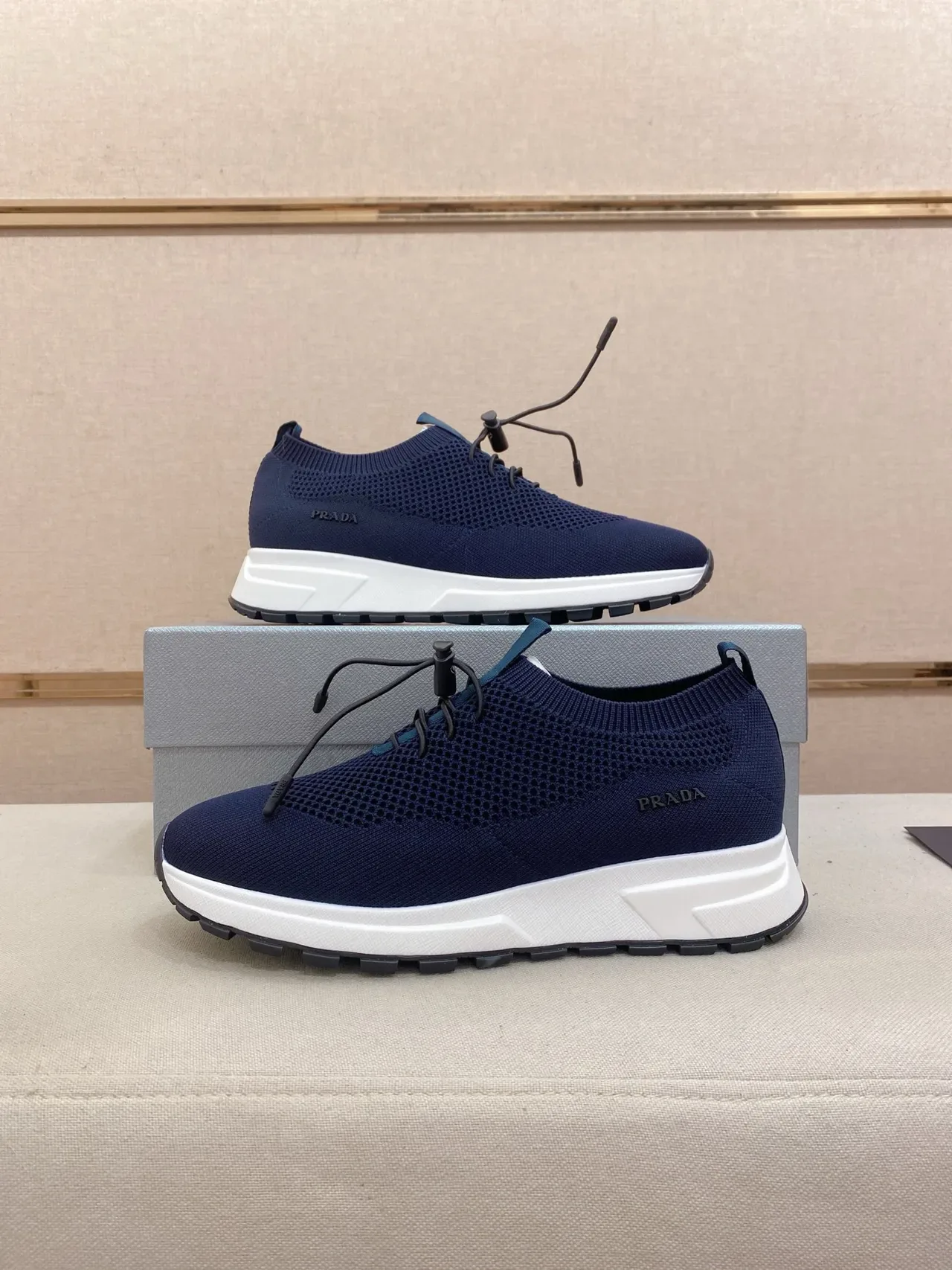 Prada Navy White Knit Upper Integrated Drawstring Lacing Lifestyle Sneakers 7