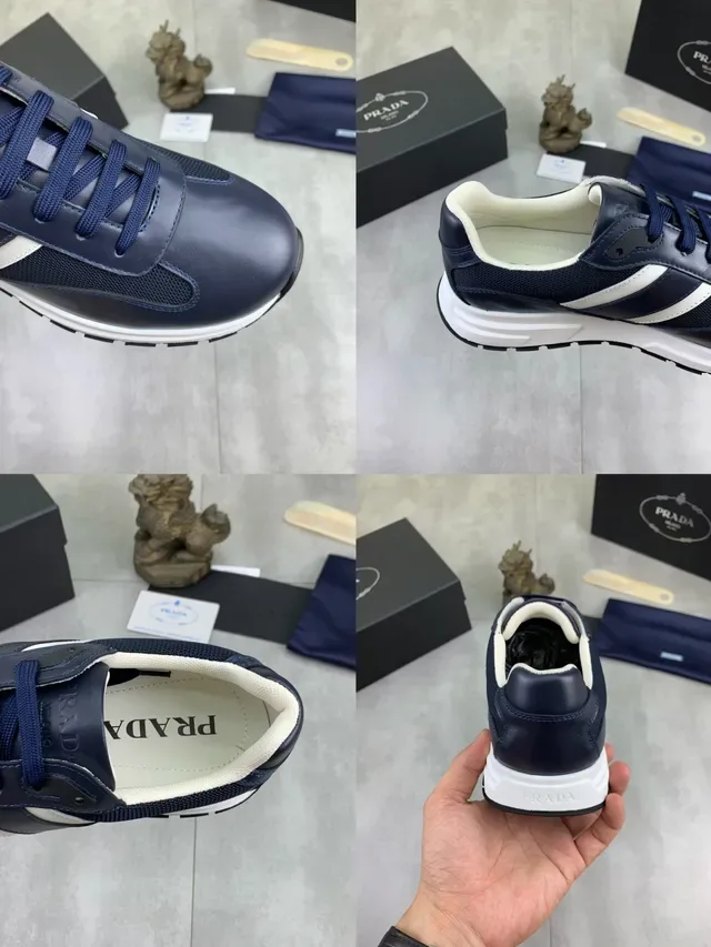 Prada Tênis Lifestyle Navy White Couro-Mesh Híbrido com Detalhe de Listra Tripla 2