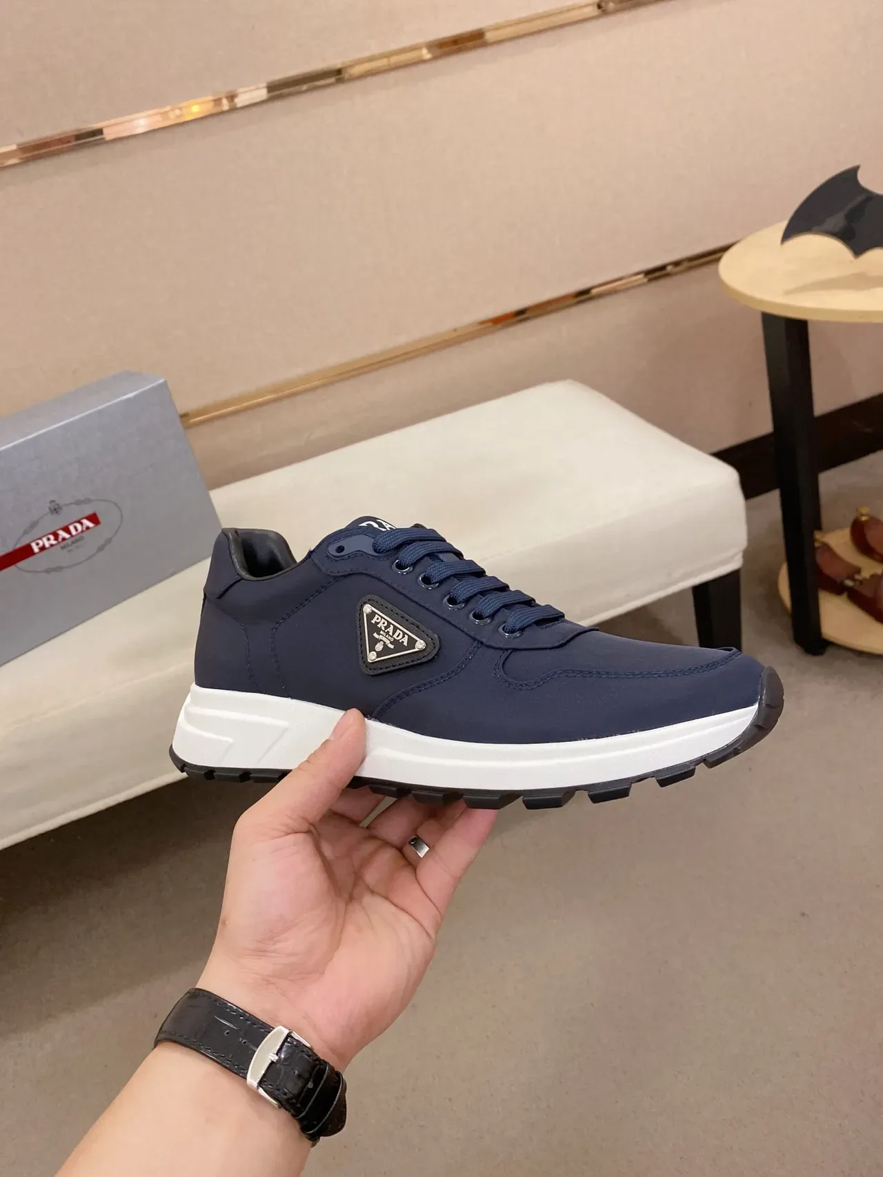 Prada Navy White Nylon Upper Sculpted Midsole Lifestyle Sneakers 4
