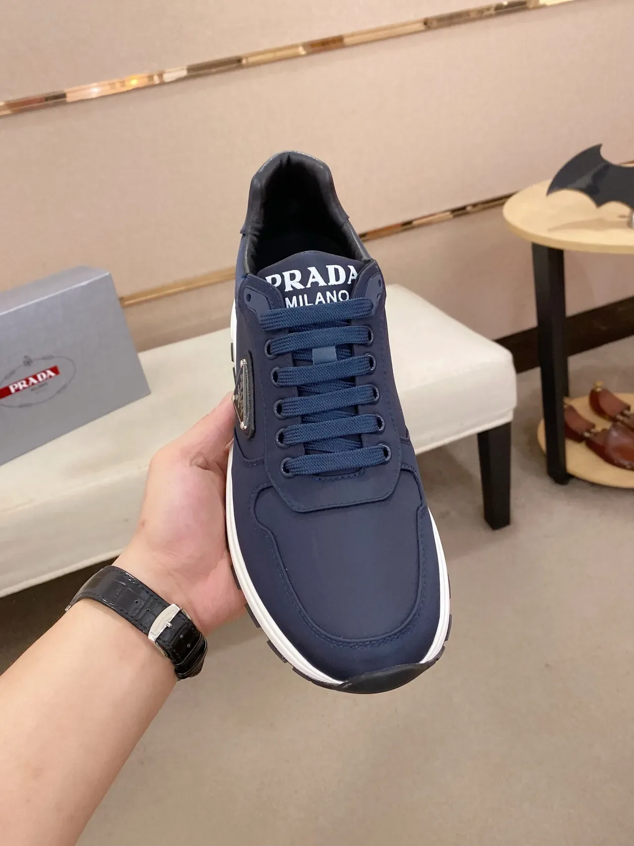 Prada Navy White Nylon Upper Sculpted Midsole Lifestyle Sneakers 5