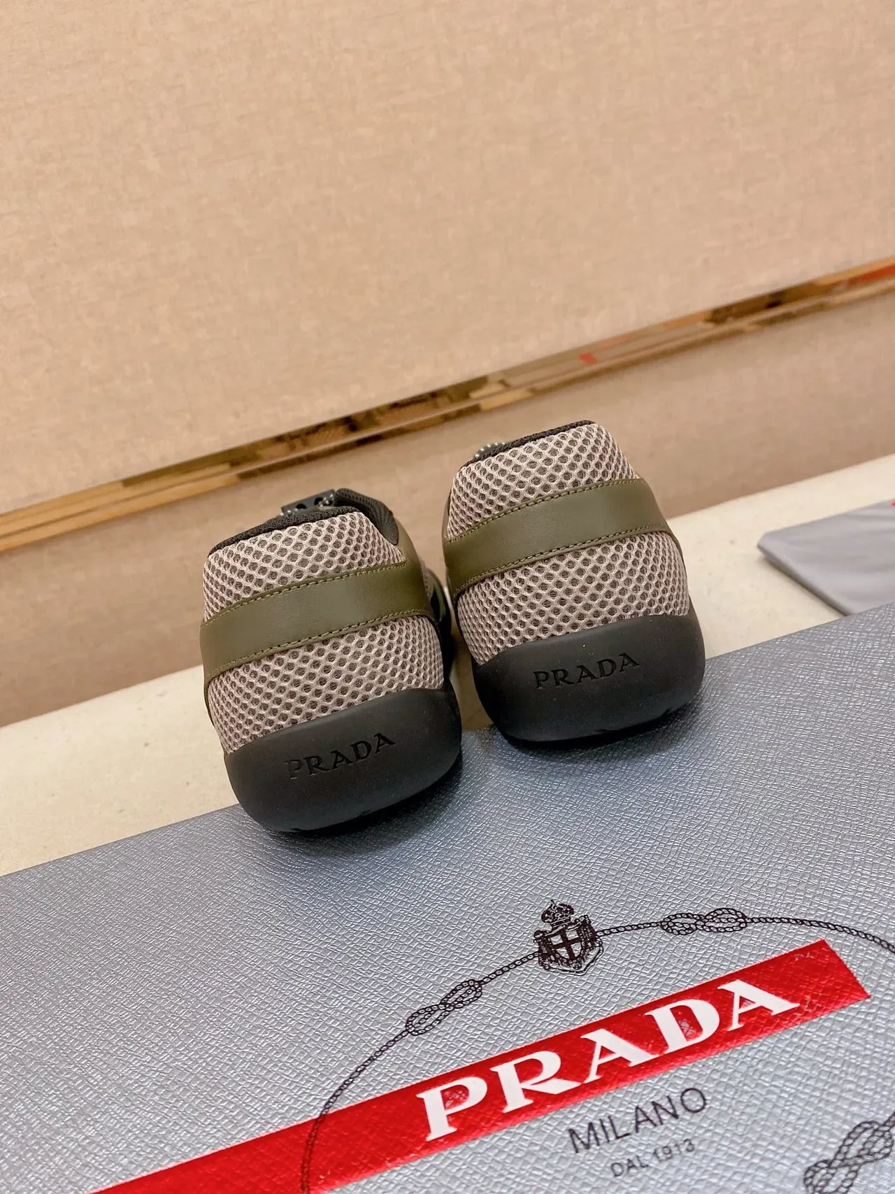 Prada Olive Green and Beige Mesh-Suede Sneaker 4