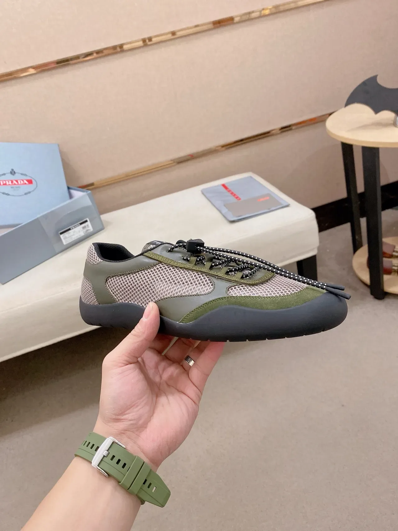 Prada Olive Green and Beige Mesh-Suede Sneaker 5