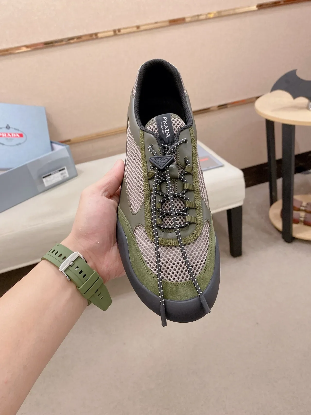 Prada Olive Green and Beige Mesh-Suede Sneaker 6