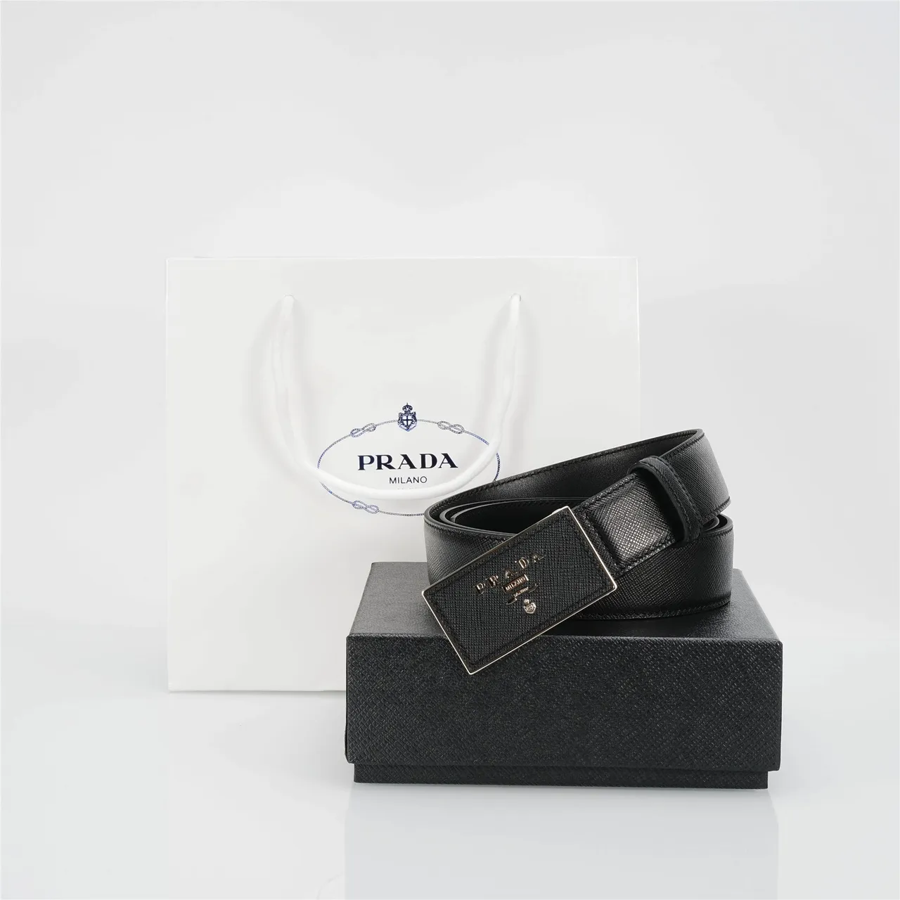 Prada Plaque Buckle Black Saffiano Leather Belt 4