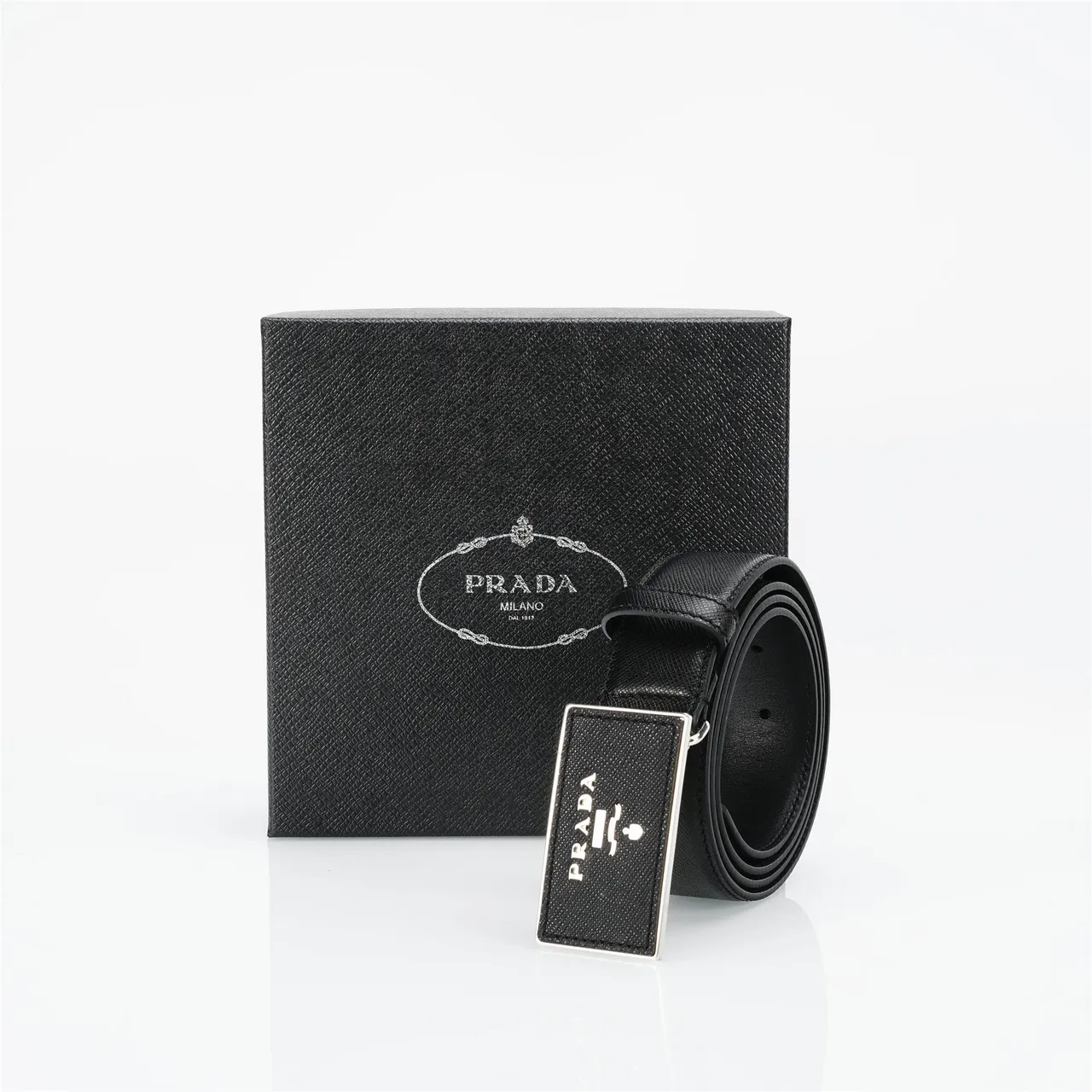 Prada Plaque Buckle Black Saffiano Leather Belt 5