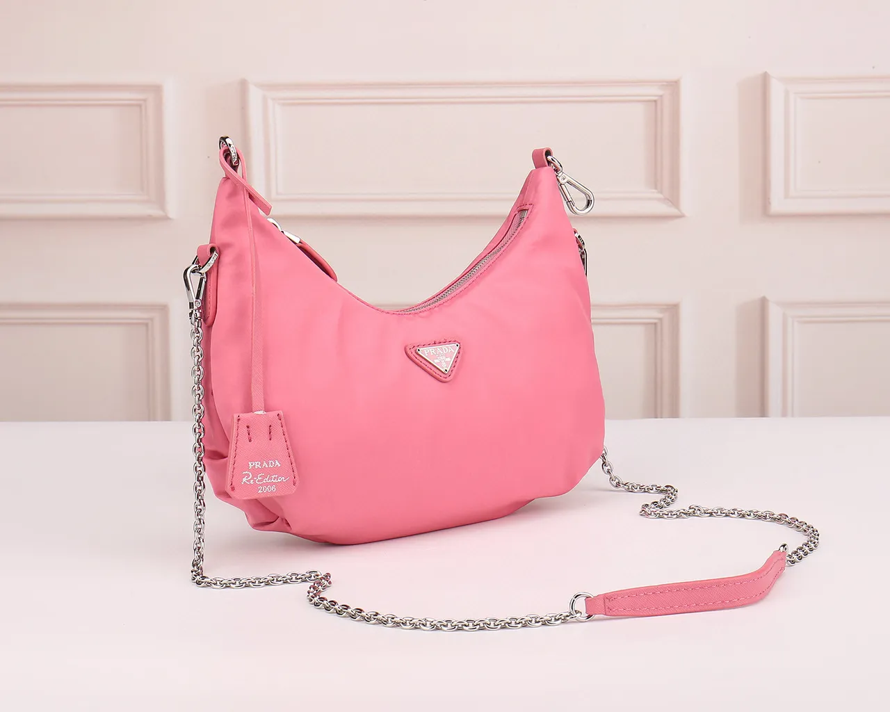 Prada Re-Edition 2005 Pink Crescent Chain Bag 8