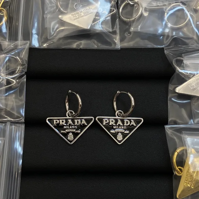 Prada Re-Edition Gold Black Hoop Enamel Triangular Logo Charms Earrings 2