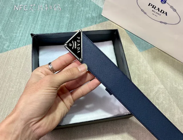 Prada Triangle Belt Navy Blue Saffiano Leather Belt 2