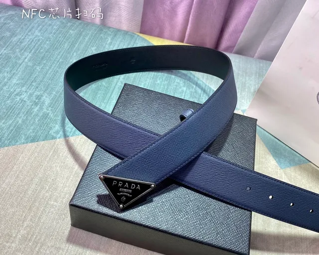 Prada Triangle Belt Navy Blue Saffiano Leather Belt 4