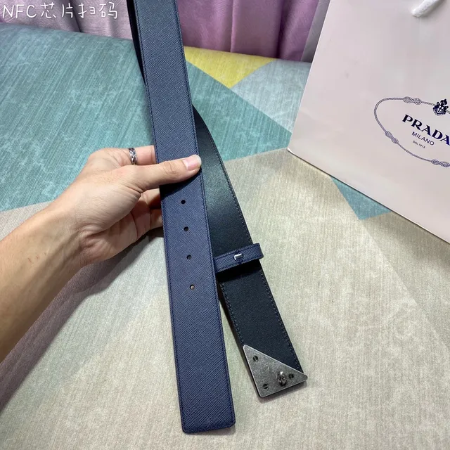 Prada Triangle Belt Navy Blue Saffiano Leather Belt 5
