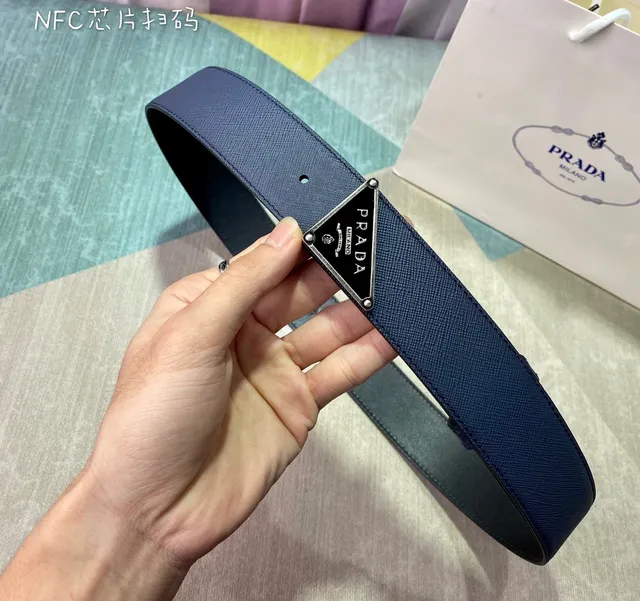 Prada Triangle Belt Navy Blue Saffiano Leather Belt 6