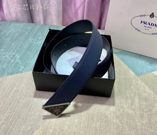 Prada Triangle Belt Navy Blue Saffiano Leather Belt 8