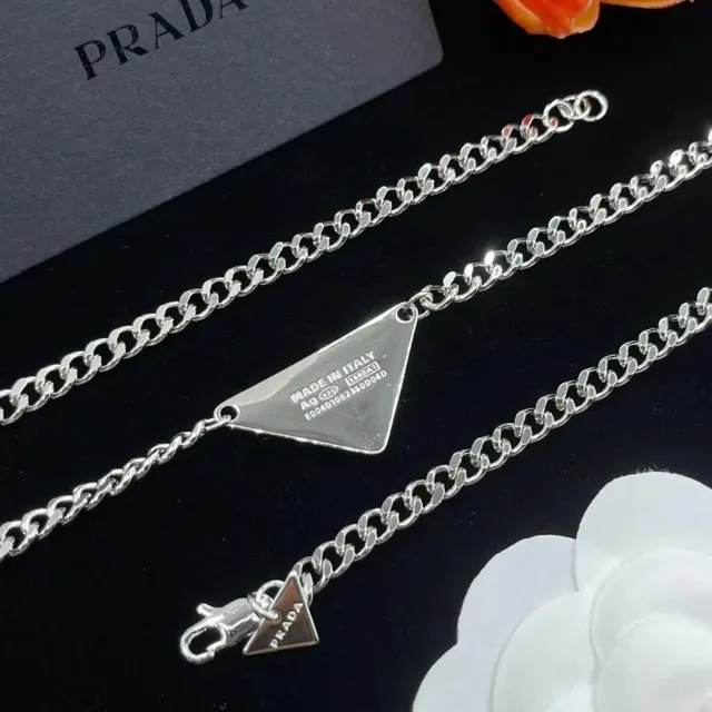 Prada Triangle Logo Enamel Pendant Silver Chain Necklace 2