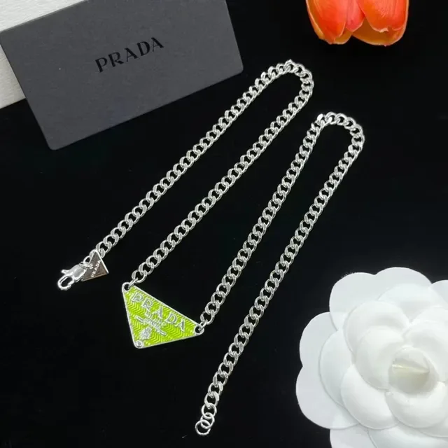 Prada Triangle Logo Enamel Pendant Silver Chain Necklace 4