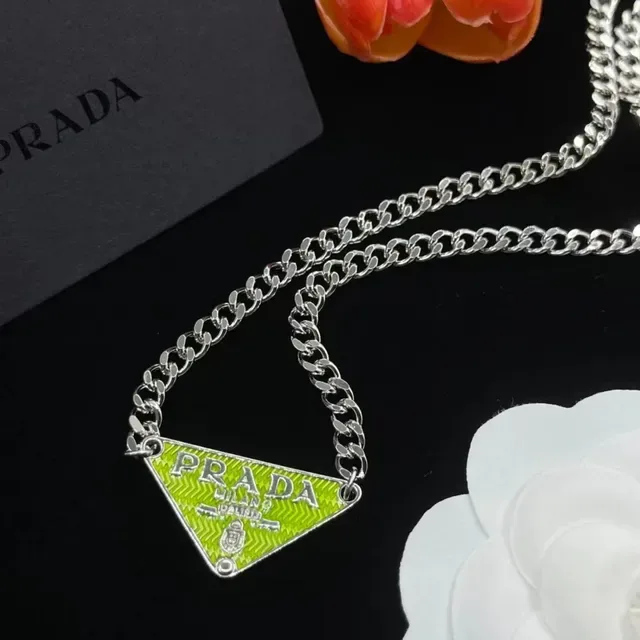 Prada Triangle Logo Enamel Pendant Silver Chain Necklace 5