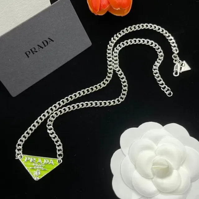 Prada Triangle Logo Enamel Pendant Silver Chain Necklace 6
