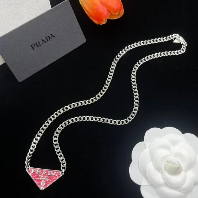 Prada Triangle Logo Red Enamel Silver Curb Chain Necklace 4