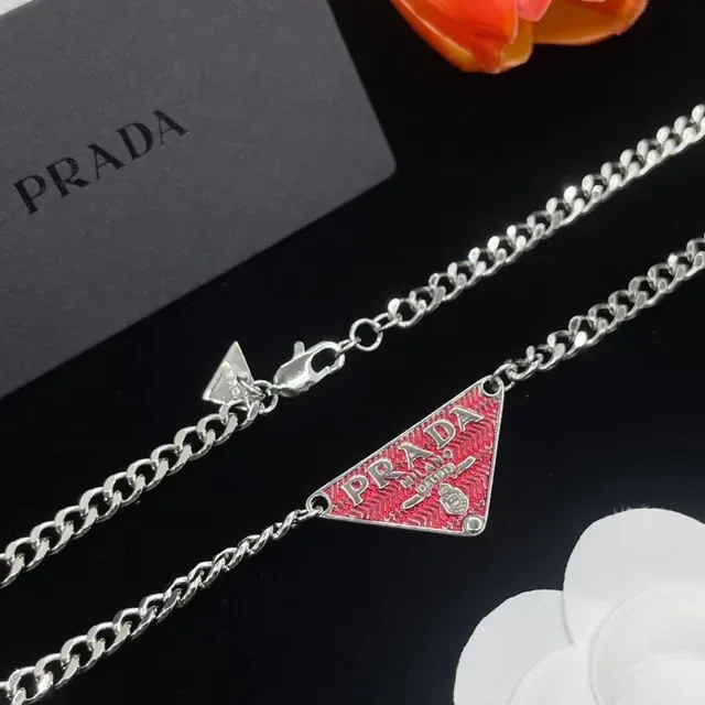Prada Triangle Logo Red Enamel Silver Curb Chain Necklace 5