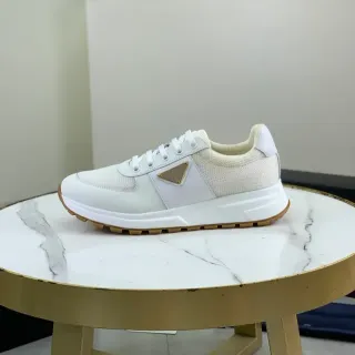 Prada Blancs Beige Malla Cuir Panneau Midsole Sculpté Lifestyle Sneakers