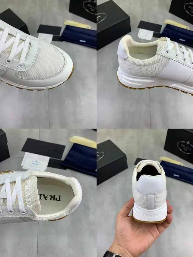 Prada White Beige Mesh And Leather Paneling Sculpted Midsole Lifestyle Sneakers 2