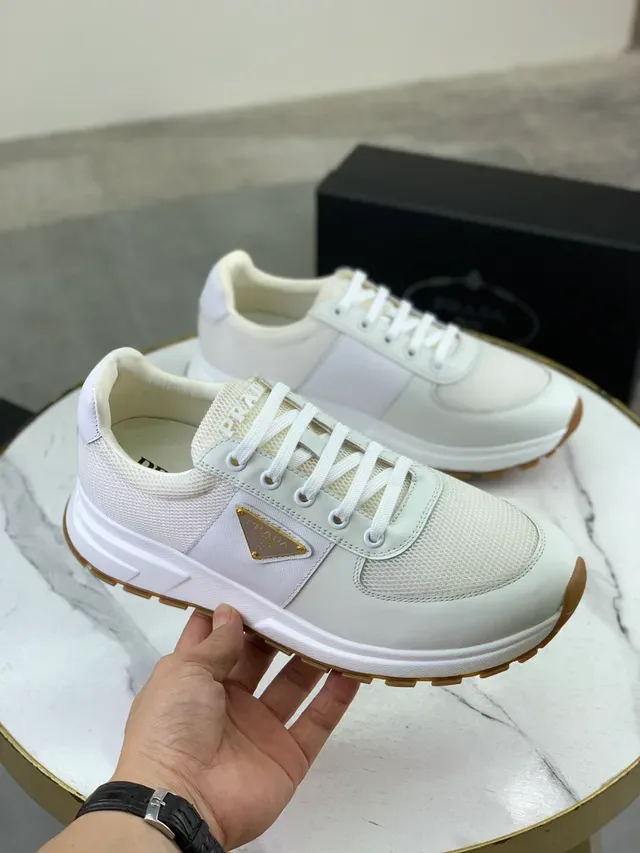 Prada White Beige Mesh And Leather Paneling Sculpted Midsole Lifestyle Sneakers 4