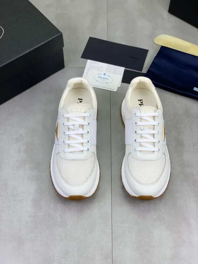 Prada White Beige Mesh And Leather Paneling Sculpted Midsole Lifestyle Sneakers 5
